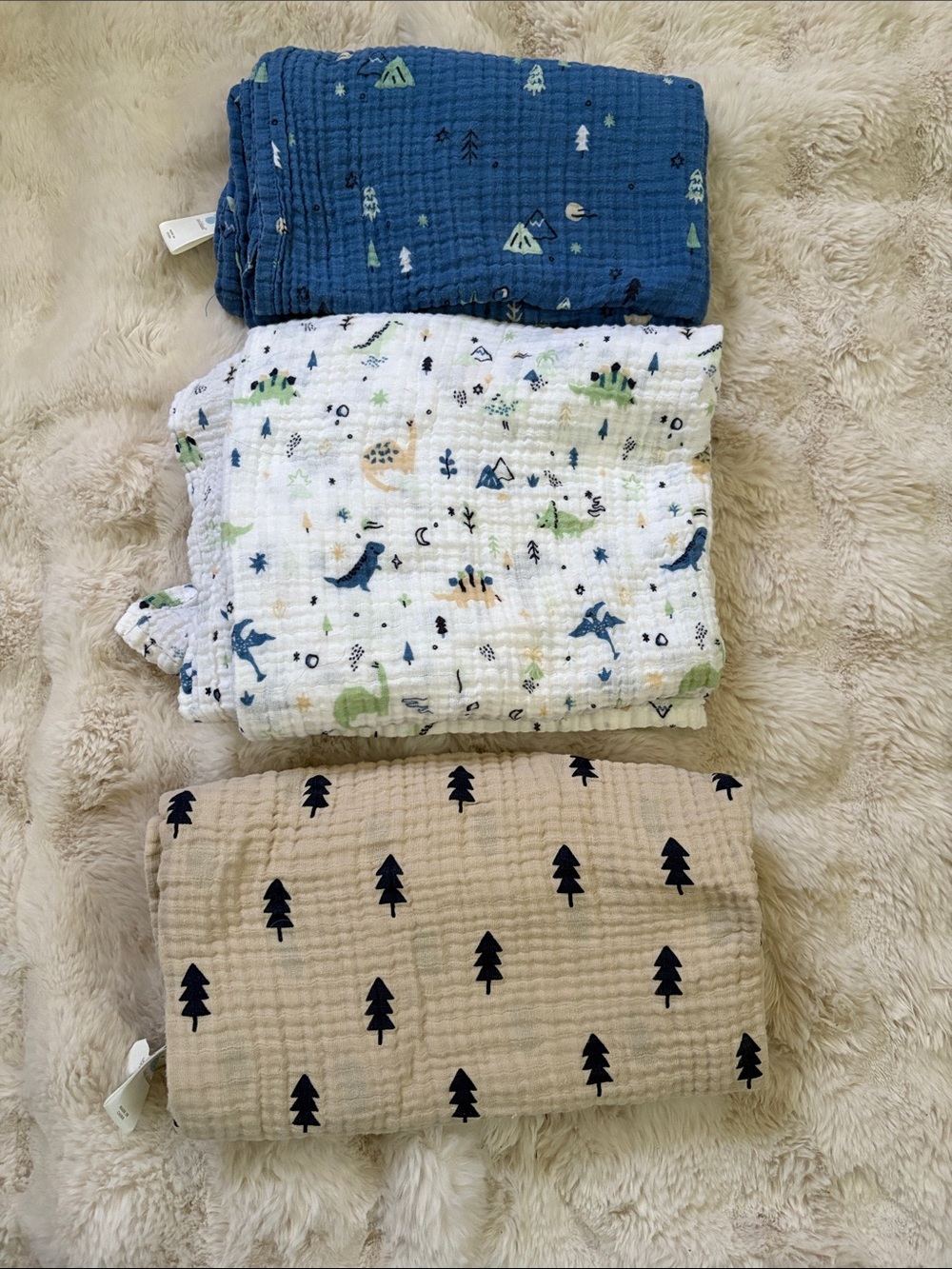 cloud island Muslin Swaddle Set in Blue, White & Tan Nature Prints